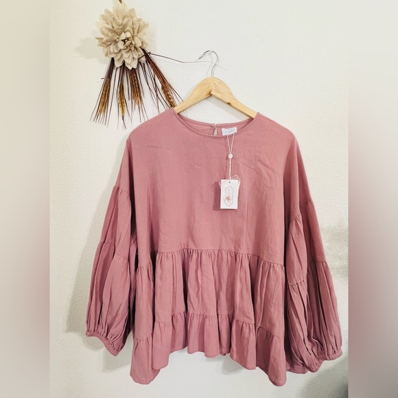 Mudpie Goldie Peplum Flounce Blush 100% Cotton Top Size Medium - Picture 1 of 6